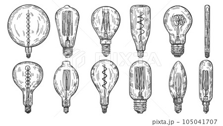 Set of hand drawn light bulb in vintage engraved style. Electric lamp sketch collection. 105041707