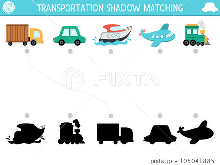 Transportation shadow matching activity. Transport puzzle with cute car, truck, speedboat, plane, train. Find correct silhouette printable worksheet or game. Funny page for kids 105041885