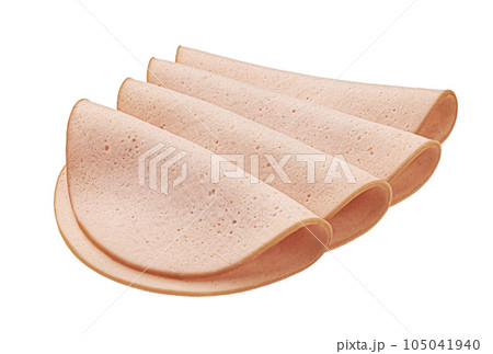 Boiled ham sausage slices isolated on white background, full depth of field Boiled ham sausage slices isolated on white background, full depth of field 105041940