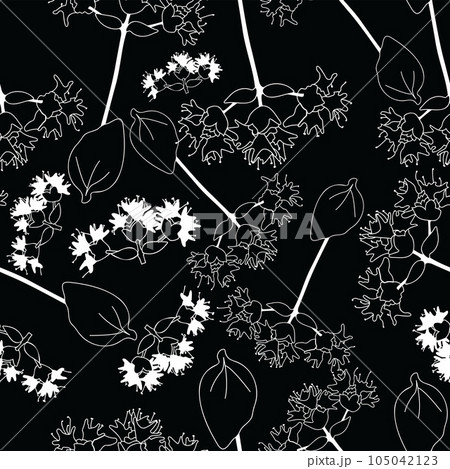 Monochrome seamless pattern with spice flower and twig outline Monochrome seamless pattern with spice flower and twig outline 105042123