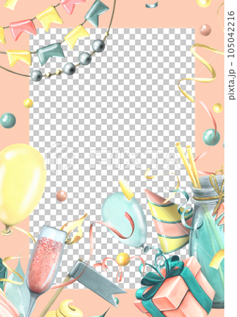 Vertical birthday card with pink champagne, balloons, gifts, confetti, flags. Watercolor illustration, hand drawn. Frame template for text on a white background 105042216