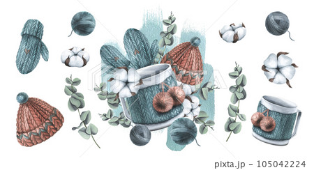 Winter, watercolor illustration with a knitted hat and mittens, balls of thread, with a mug, cotton and eucalyptus. Watercolor illustration hand drawn. Set isolated elements on a white background. Winter, watercolor illustration with a knitted hat and mittens, balls of thread, with a mug, cotton and eucalyptus. Watercolor illustration hand drawn. Set isolated elements on a white background. 105042224