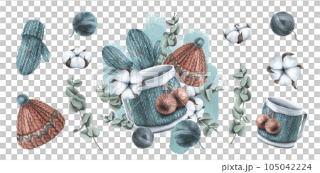 Winter, watercolor illustration with a knitted hat and mittens, balls of thread, with a mug, cotton and eucalyptus. Watercolor illustration hand drawn. Set isolated elements on a white background. Winter, watercolor illustration with a knitted hat and mittens, balls of thread, with a mug, cotton and eucalyptus. Watercolor illustration hand drawn. Set isolated elements on a white background. 105042224
