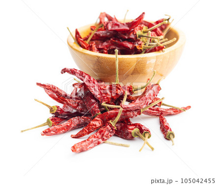 Red chili peppers isolated on white background. 105042455