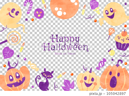 Halloween background frame Watercolor illustration frame of sweets, pumpkins and ghosts 105042897
