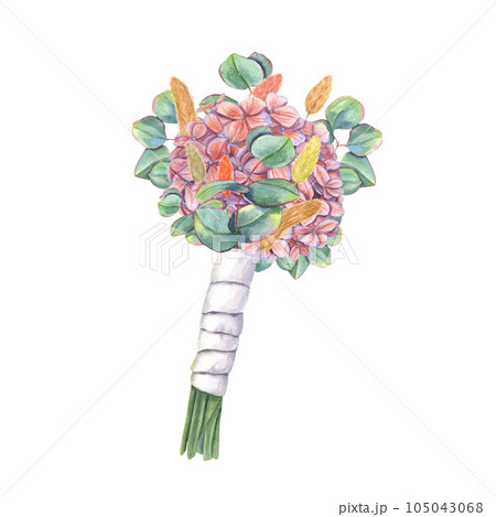 Bright floral bouquet of hydrangea, eucalyptus, lagurus with white satin ribbon. Orange, yellow, terracotta, green colors. Composition isolated on white background. For wedding stationary, invitation 105043068