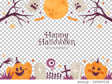 Halloween background frame Watercolor illustration of pumpkin, ghost and cemetery 105044516