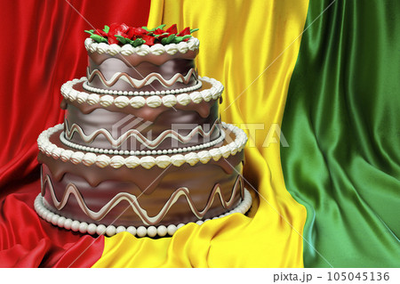 Chocolate cake on the Guinean flag background, 3D rendering Chocolate cake on the Guinean flag background, 3D rendering 105045136