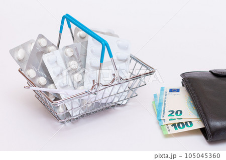 Pills and Capsules in a Shopping Basket and Black Wallet with Euro Money 105045360