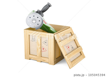 Angle grinder inside wooden box, delivery concept. 3D rendering 105045394