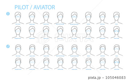 Set of Aviator frame glasses fashion accessory illustration. Sunglass front view for Men, women, unisex silhouette 105046083