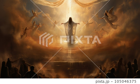 Holy woman radiates light with her arms outstretched to the sides surrounded by angels AI 105046375