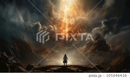 Judgment Day. Angry God stands against the backdrop of blazing fiery sky. Religious apocalypse AI 105046416