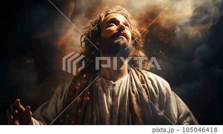 Judgment Day. Angry God stands against the backdrop of blazing fiery sky. Religious apocalypse AI 105046418