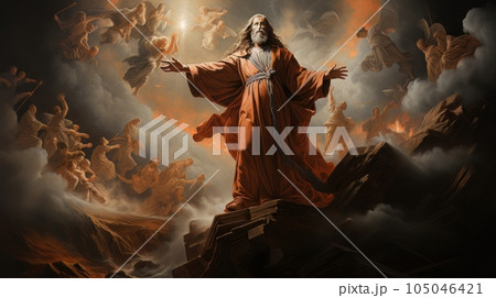 Judgment Day. Jesus Christ in heaven surrounded by angels AI 105046421