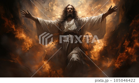 Judgment Day. Angry God stands against the backdrop of blazing fiery sky. Religious apocalypse AI 105046422