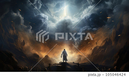 Judgment Day. Angry God stands against the backdrop of blazing fiery sky. Religious apocalypse AI 105046424