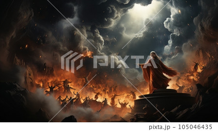 Judgment Day. Angry God stands against the backdrop of blazing fiery sky. Religious apocalypse AI Judgment Day. Angry God stands against the backdrop of blazing fiery sky. Religious apocalypse AI 105046435