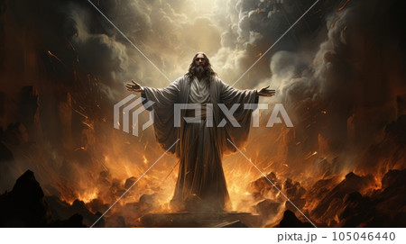 Judgment Day. Angry God stands against the backdrop of blazing fiery sky. Religious apocalypse AI 105046440