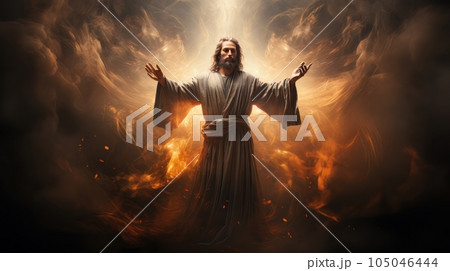 Judgment Day. Angry God stands against the backdrop of blazing fiery sky. Religious apocalypse AI Judgment Day. Angry God stands against the backdrop of blazing fiery sky. Religious apocalypse AI 105046444
