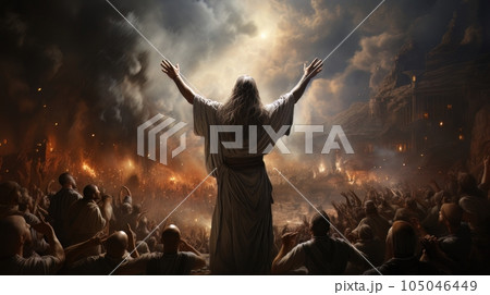 Judgment Day. Angry God stands against the backdrop of blazing fiery sky. Religious apocalypse AI Judgment Day. Angry God stands against the backdrop of blazing fiery sky. Religious apocalypse AI 105046449