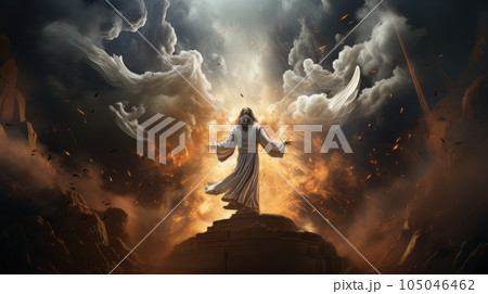Judgment Day. Angry God stands against the backdrop of blazing fiery sky. Religious apocalypse AI Judgment Day. Angry God stands against the backdrop of blazing fiery sky. Religious apocalypse AI 105046462