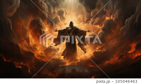 Judgment Day. Angry God stands against the backdrop of blazing fiery sky. Religious apocalypse AI Judgment Day. Angry God stands against the backdrop of blazing fiery sky. Religious apocalypse AI 105046463