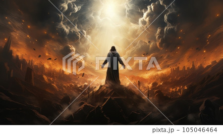 Judgment Day. Angry God stands against the backdrop of blazing fiery sky. Religious apocalypse AI Judgment Day. Angry God stands against the backdrop of blazing fiery sky. Religious apocalypse AI 105046464