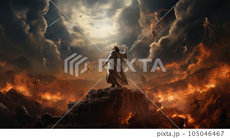 Judgment Day. Angry God stands against the backdrop of blazing fiery sky. Religious apocalypse AI Judgment Day. Angry God stands against the backdrop of blazing fiery sky. Religious apocalypse AI 105046467