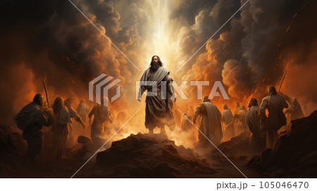 Judgment Day. Angry God stands against the backdrop of blazing fiery sky. Religious apocalypse AI Judgment Day. Angry God stands against the backdrop of blazing fiery sky. Religious apocalypse AI 105046470