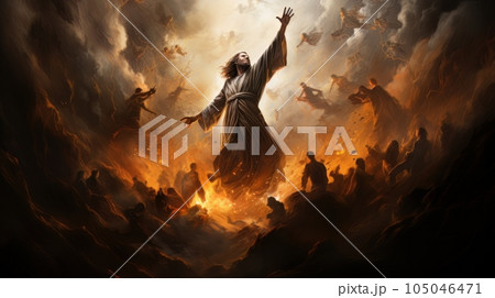 Judgment Day. Angry God stands against the backdrop of blazing fiery sky. Religious apocalypse AI Judgment Day. Angry God stands against the backdrop of blazing fiery sky. Religious apocalypse AI 105046471