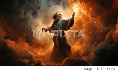 Judgment Day. Angry God stands against the backdrop of blazing fiery sky. Religious apocalypse AI Judgment Day. Angry God stands against the backdrop of blazing fiery sky. Religious apocalypse AI 105046473