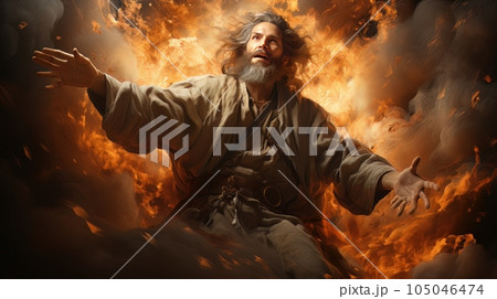 Judgment Day. Angry God stands against the backdrop of blazing fiery sky. Religious apocalypse AI Judgment Day. Angry God stands against the backdrop of blazing fiery sky. Religious apocalypse AI 105046474
