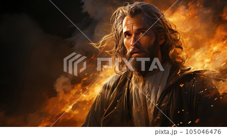 Judgment Day. Angry God stands against the backdrop of blazing fiery sky. Religious apocalypse AI Judgment Day. Angry God stands against the backdrop of blazing fiery sky. Religious apocalypse AI 105046476