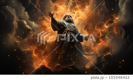 Judgment Day. Angry God stands against the backdrop of blazing fiery sky. Religious apocalypse AI Judgment Day. Angry God stands against the backdrop of blazing fiery sky. Religious apocalypse AI 105046482