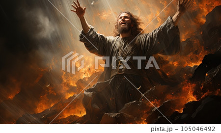 Judgment Day. Angry God stands against the backdrop of blazing fiery sky. Religious apocalypse AI Judgment Day. Angry God stands against the backdrop of blazing fiery sky. Religious apocalypse AI 105046492