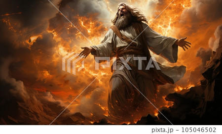 Judgment Day. Angry God stands against the backdrop of blazing fiery sky. Religious apocalypse AI Judgment Day. Angry God stands against the backdrop of blazing fiery sky. Religious apocalypse AI 105046502