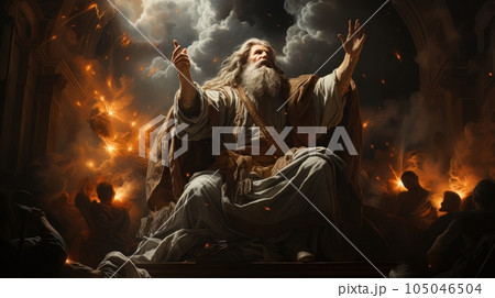 Judgment Day. Angry God stands against the backdrop of blazing fiery sky. Religious apocalypse AI Judgment Day. Angry God stands against the backdrop of blazing fiery sky. Religious apocalypse AI 105046504