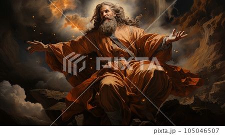 Judgment Day. Angry God stands against the backdrop of blazing fiery sky. Religious apocalypse AI Judgment Day. Angry God stands against the backdrop of blazing fiery sky. Religious apocalypse AI 105046507
