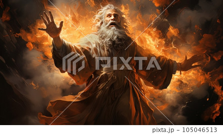 Judgment Day. Angry God stands against the backdrop of blazing fiery sky. Religious apocalypse AI Judgment Day. Angry God stands against the backdrop of blazing fiery sky. Religious apocalypse AI 105046513