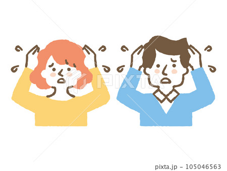 頭を抱えて焦っている夫婦_色 105046563