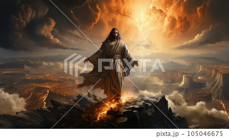 Judgment Day. Angry God stands against the backdrop of blazing fiery sky. Religious apocalypse AI 105046675