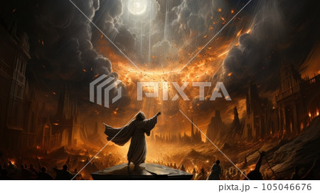 Judgment Day. Angry God stands against the backdrop of blazing fiery sky. Religious apocalypse AI 105046676