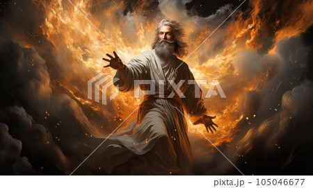 Judgment Day. Angry God stands against the backdrop of blazing fiery sky. Religious apocalypse AI Judgment Day. Angry God stands against the backdrop of blazing fiery sky. Religious apocalypse AI 105046677