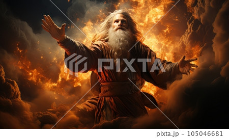 Judgment Day. Angry God stands against the backdrop of blazing fiery sky. Religious apocalypse AI 105046681
