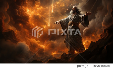 Judgment Day. Angry God stands against the backdrop of blazing fiery sky. Religious apocalypse AI Judgment Day. Angry God stands against the backdrop of blazing fiery sky. Religious apocalypse AI 105046686