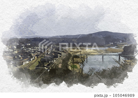 水彩画風　江の川　祝橋　ことぶき橋　尾関山公園　広島県三次市 105046989