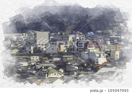 水彩画風　三次市眺望　尾関山公園　広島県三次市 105047093
