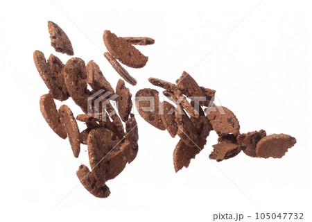 Cookie Chocolate ship fall fly in mid air, Cocoa Cookie Chocolate ship floating. Cookie Chocolate ship round crack crunch throw in air. White background isolated freeze motion high speed shutter Cookie Chocolate ship fall fly in mid air, Cocoa Cookie Chocolate ship floating. Cookie Chocolate ship round crack crunch throw in air. White background isolated freeze motion high speed shutter 105047732