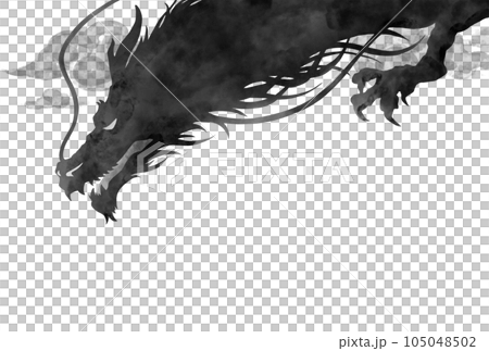 空を飛ぶ龍の水墨画風シルエットイラスト 空を飛ぶ龍の水墨画風シルエットイラスト 105048502
